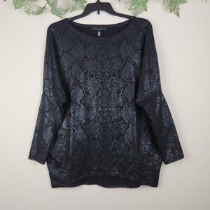 White House Black Market Size L Python Scales Foil Black Dolman Stretch Tunic